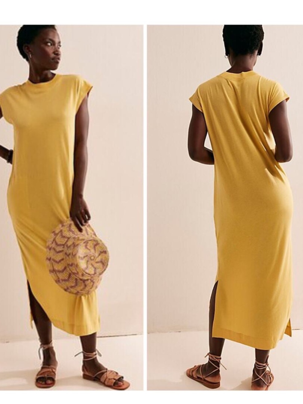 Free People FP Beach "All Day Long" Midi/Maxi T-Shirt Dress Bright Yellow Size M